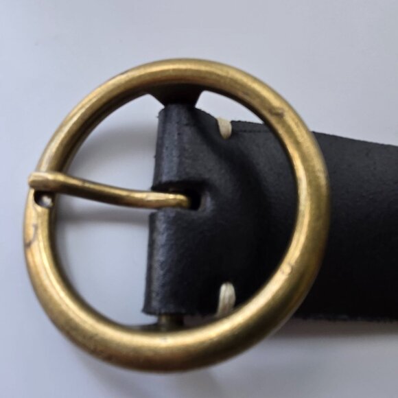 Minimalist Small Wide Black Genuine Leather Belt Brass Buckle Retro Boho - Picture 2 of 8